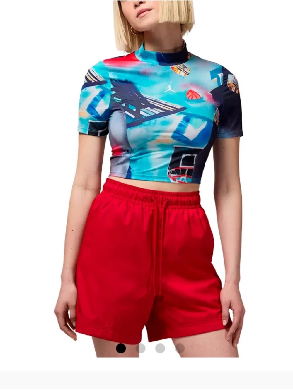 Jordan Women's Knit Graphic Crop T-Shirt Mock Neck Blue Bold all-over print M